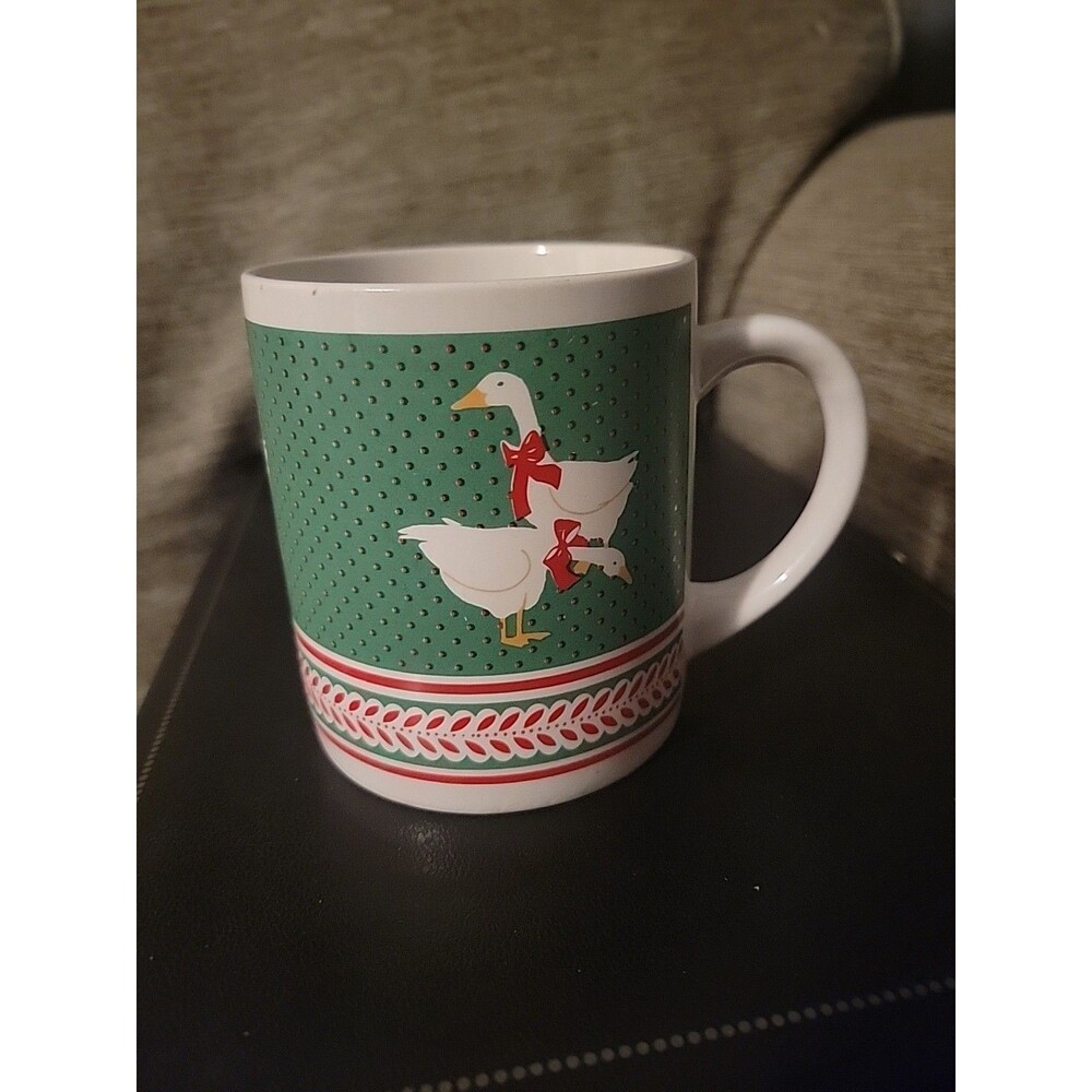 Vtg Christmas Duck Mug Holiday 1980s Country Farmhouse Contempo Korea Bows